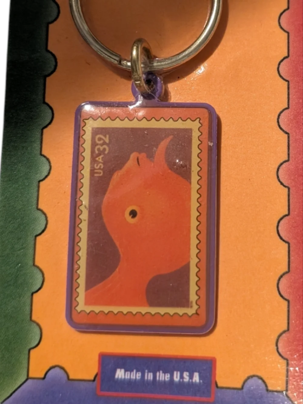 Vintage US Postal Bright Eyes 32 Cent Stamp Brass Enamel Keychain‎ NIP